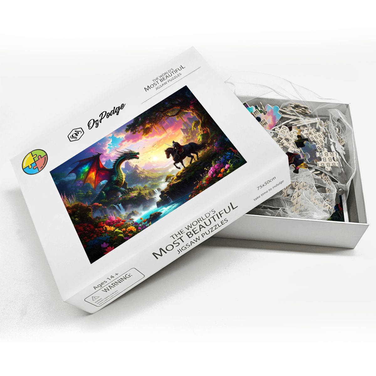 Jigsaw puzzle set with colorful dragon and horse design on packaging, on a white background. Oak wood puzzle pieces close-up