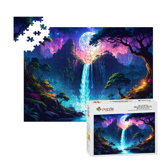 Jigsaw puzzle with a colorful mountain and waterfall scene, partially completed, next to its packaging.