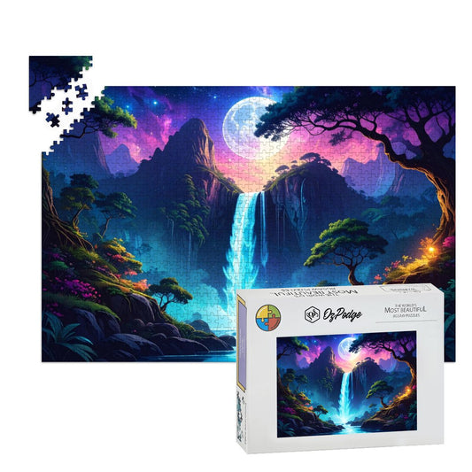 Jigsaw puzzle with a colorful mountain and waterfall design, featuring a completed puzzle and packaging.
