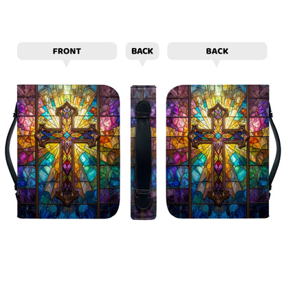 Stained Glass Cross PU Leather Bible Cover – Durable Protective Case