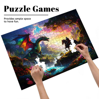 Hands placing dragon puzzle pieces together.