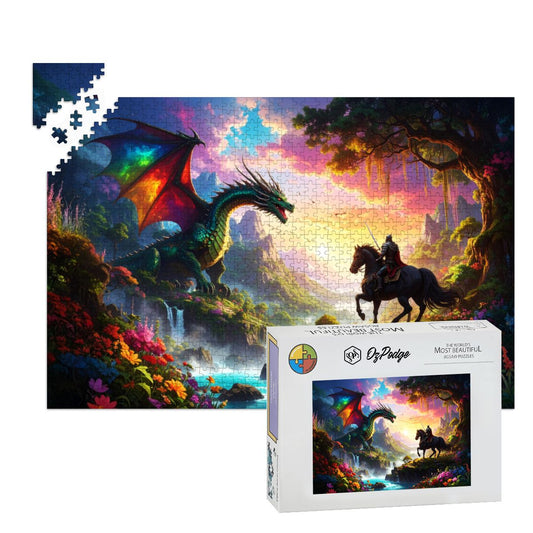 Jigsaw puzzle with a dragon and horse scene, partially completed, next to the packaging box.