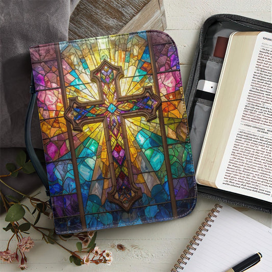 Stained Glass Cross PU Leather Bible Cover – Durable Protective Case