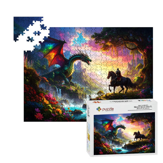 Jigsaw puzzle with a dragon and knight on a horse scene, partially completed, next to its packaging. 500 piece wooden puzzle.