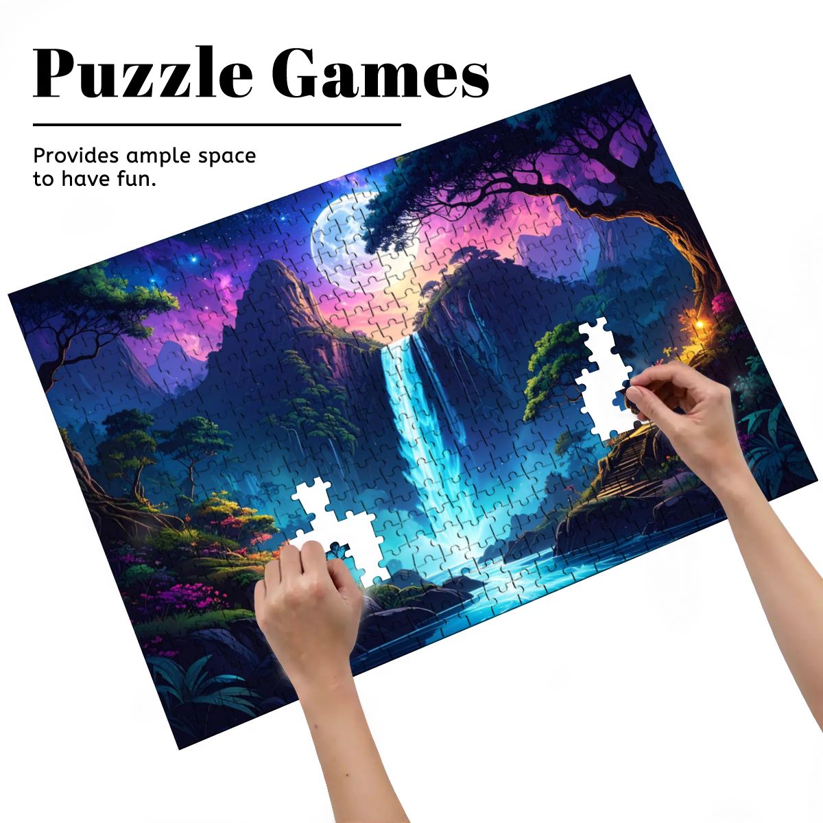 Colorful puzzle with a mountain and moon design, hands placing pieces.