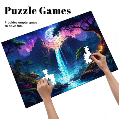 Colorful puzzle with a mountain and moon design, hands placing pieces.