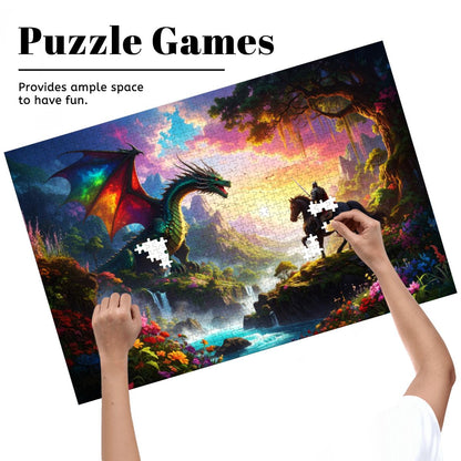 Jigsaw puzzle with a dragon and castle design, hands placing pieces. Vibrant UV print dragon and knight puzzle artwork