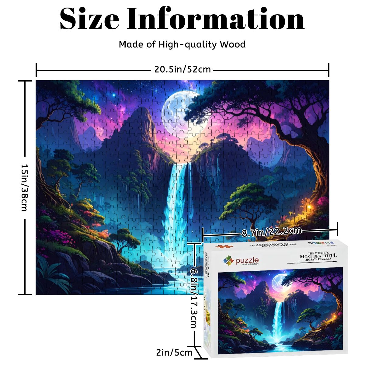 Jigsaw puzzle with mountain and waterfall design, showing dimensions and packaging.