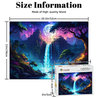 Jigsaw puzzle with mountain and waterfall design, showing dimensions and packaging.