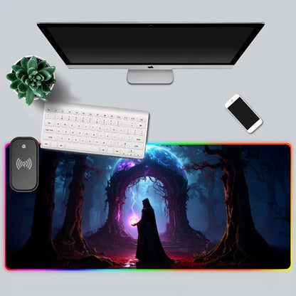 Desk setup with a computer monitor, keyboard, phone, and mouse pad featuring fantasy design.